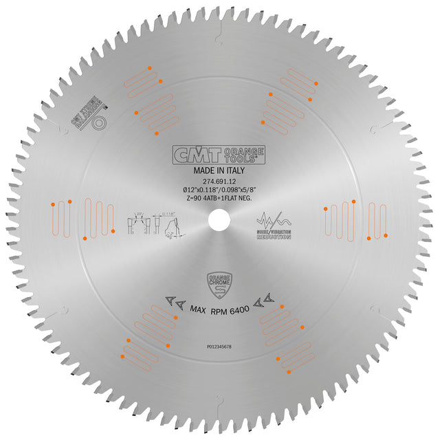 CMT Chrome Ultra Fine Finish Sliding Miter Saw Blade 12" ATB+R 90T 5/8" Arbor