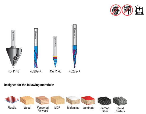 Amana AMS-102 X-Carve CNC Router Bit Starter 4-Pc Pack 1/4 Inch Shank