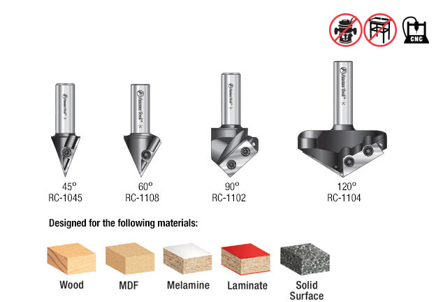 Amana AMS-150 4-Pc 3D CNC Signmaking, Lettering & Engraving Insert Solid Carbide 45, 60, 90 & 120 Degree V-Groove Router Bit Collection 1/2 Inch Shank