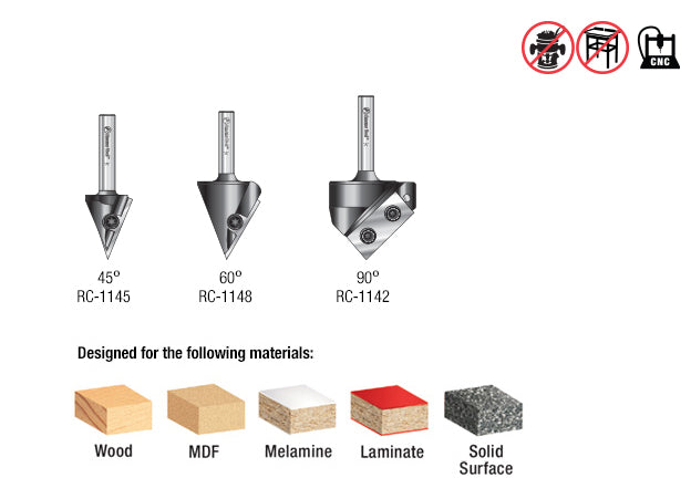 Amana AMS-153 3-Pc 3D CNC Signmaking, Lettering & Engraving Insert Solid Carbide 45, 60 & 90 Degree V-Groove Router Bit Pack 1/4 Inch Shank