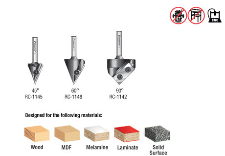 Amana AMS-153 3-Pc 3D CNC Signmaking, Lettering & Engraving Insert Solid Carbide 45, 60 & 90 Degree V-Groove Router Bit Pack 1/4 Inch Shank