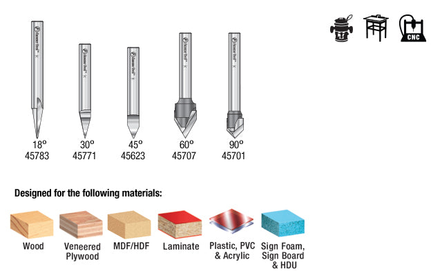Amana AMS-159 5-Pc Solid Carbide and Carbide Tipped 18, 30, 45, 60 & 90 Degree V-Groove Router Bit Pack 1/4 Inch Shank