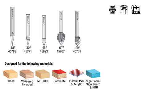 Amana AMS-159 5-Pc Solid Carbide and Carbide Tipped 18, 30, 45, 60 & 90 Degree V-Groove Router Bit Pack 1/4 Inch Shank