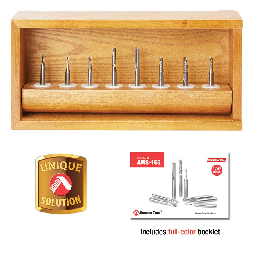 Amana AMS-165 8-Pc Plastic Cutting Solid Carbide Spiral 'O' Flute CNC Router Bit Collection 1/4 Inch Shank