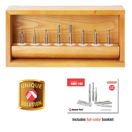 Amana AMS-165 8-Pc Plastic Cutting Solid Carbide Spiral 'O' Flute CNC Router Bit Collection 1/4 Inch Shank