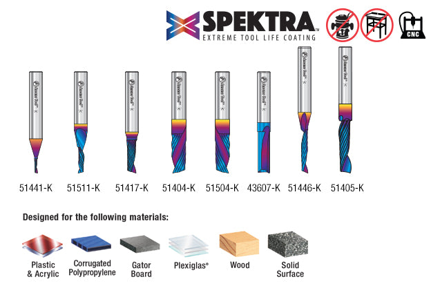 Amana AMS-165-K 8-Pc Spektra Plastic Cutting Solid Carbide Spiral 'O' Flute CNC Router Bit Collection 1/4 Inch Shank