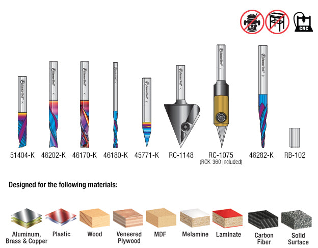 Amana AMS-169 10-Pc CNC Signmaking Router Bit Set 1/8 & 1/4 Inch Shank