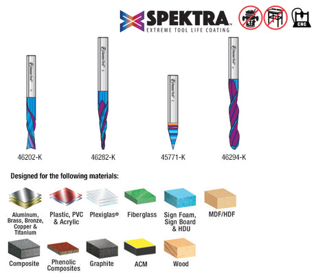 Amana AMS-188-K 4-Pc Solid Carbide Spektra Extreme Tool Life Coated Signmaking/Engraving CNC Router Bit Pack 1/4 Shank