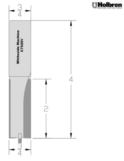 Whiteside C7520V CNC Straight Router Bit Vee Bottom 3/4" Cutting Diameter 2" Cut Length 3/4" Shank 2 Flute