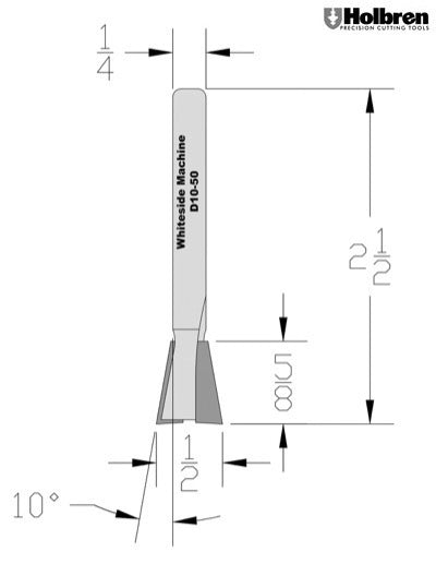 Whiteside D10-50 Dovetail Router Bit 10 Degree 1/2" Large Diameter 5/8" Cut Depth 1/4" Shank 2 Flute