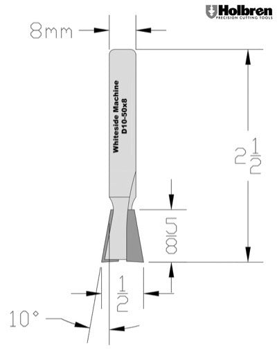 Whiteside D10-50x8 Dovetail Router Bit 10 Degree 1/2" Large Diameter 5/8" Cut Depth 8mm Shank 2 Flute