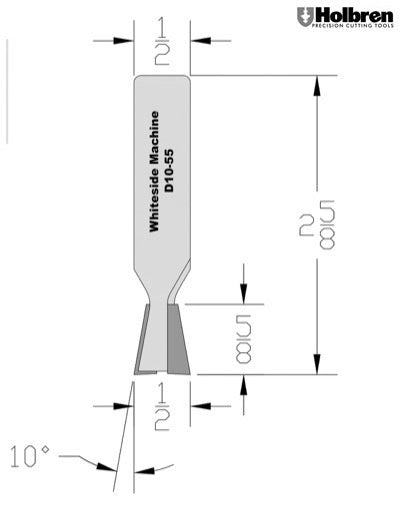 Whiteside D10-55 Dovetail Router Bit 10 Degree 1/2" Large Diameter 5/8" Cut Depth 1/2" Shank 2 Flute