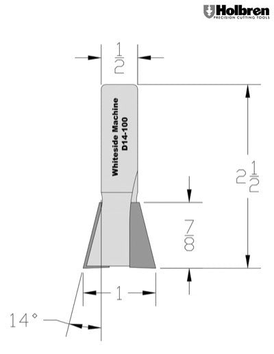 Whiteside D14-100 Dovetail Router Bit 14 Degree 1" Large Diameter 7/8" Cut Depth 1/2" Shank 2 Flute