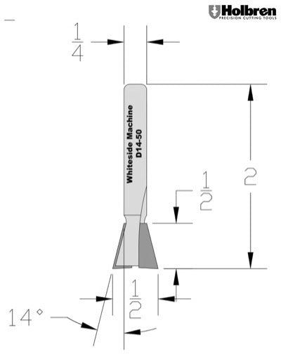 Whiteside D14-50 Dovetail Router Bit 14 Degree 1/2" Large Diameter 1/2" Cut Depth 1/4" Shank 2 Flute