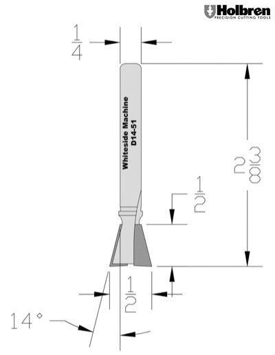 Whiteside D14-51 Dovetail Router Bit 14 Degree 1/2" Large Diameter 1/2" Cut Depth 1/4" Shank 2 Flute
