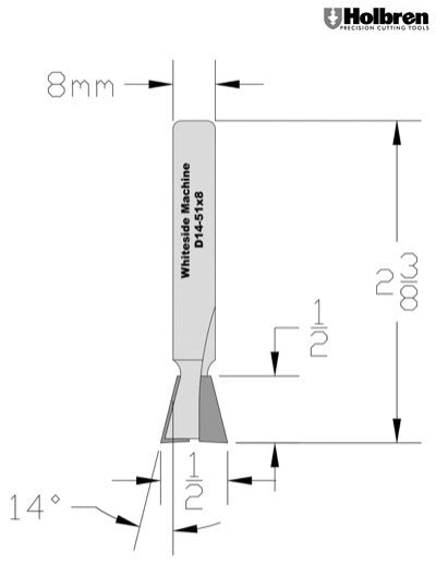 Whiteside D14-51x8 Dovetail Router Bit 14 Degree 1/2" Large Diameter 1/2" Cut Depth 8mmShank 2 Flute