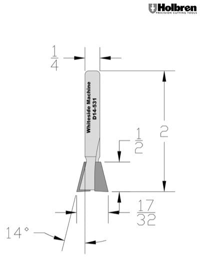 Whiteside D14-531 Dovetail Router Bit 14 Degree 17/32" Large Diameter 1/2" Cut Length 1/4" Shank 2 Flute