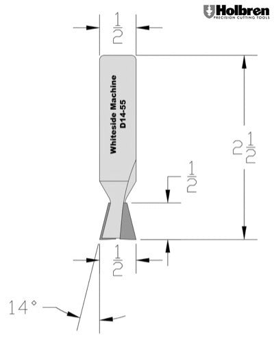 Whiteside D14-55 Dovetail Router Bit 14 Degree 1/2" Large Diameter 1/2" Cut Length 1/2" Shank 2 Flute