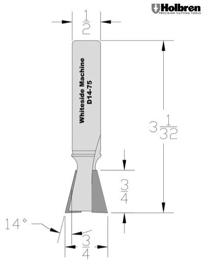 Whiteside D14-75 Dovetail Router Bit 14 Degree 3/4" Large Diameter 3/4" Cut Length 1/2" Shank 2 Flute