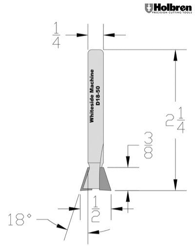 Whiteside D18-50 Dovetail Router Bit 18 Degree 1/2" Large Diameter 3/8" Cut Length 1/4" Shank 2 Flute