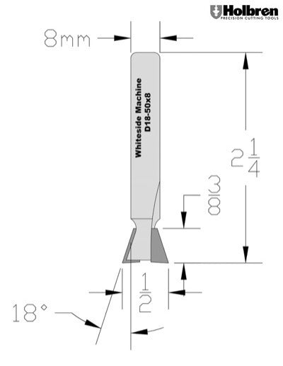 Whiteside D18-50x8 Dovetail Router Bit 18 Degree 1/2" Large Diameter 3/8" Cut Length 8mm Shank 2 Flute