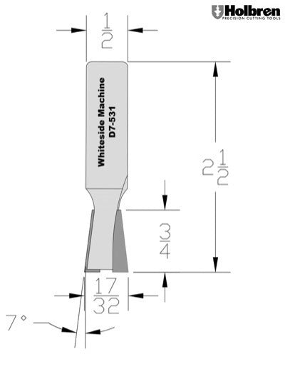 Whiteside D7-531 Dovetail Router Bit 7 Degree 17/32" Large Diameter 3/4" "Cut Length 1/2" Shank 2 Flute