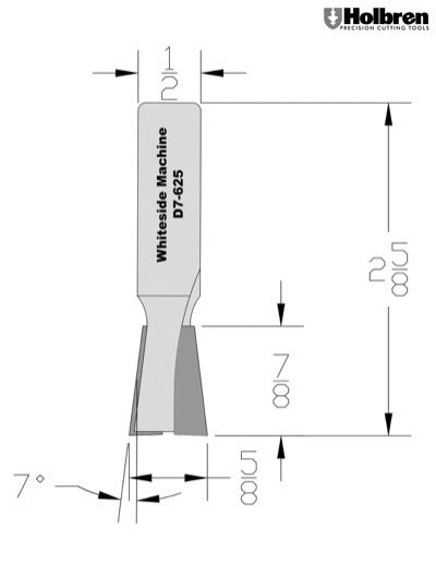 Whiteside D7-625 Dovetail Router Bit 7 Degree 5/8" Large Diameter 7/8" Cut Length 1/2" Shank 2 Flute