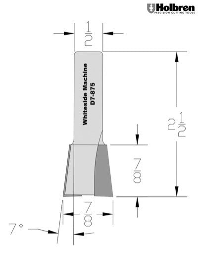 Whiteside D7-875 Dovetail Router Bit 7 Degree 7/8" Large Diameter 7/8" Cutting Diameter 1/2" Shank 2 Flute