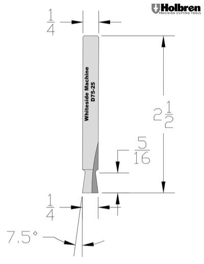 Whiteside D75-25 Dovetail Router Bit 7-1/2 Degree 1/4" Large Diameter 5/16" Cut Depth 1/4" Shank 2 Flute
