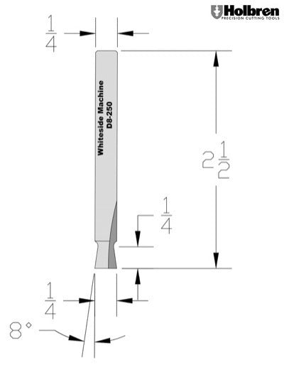 Whiteside D8-250 Dovetail Router Bit 8 Degree 1/4" Large Diameter 1/4" Cut Depth 1/4" Shank 2 Flute