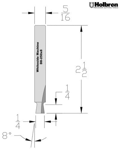 Whiteside D8-250x8 Dovetail Router Bit 8 Degree 1/4" Large Diameter 1/4" Cut Depth 8mm Shank 2 Flute