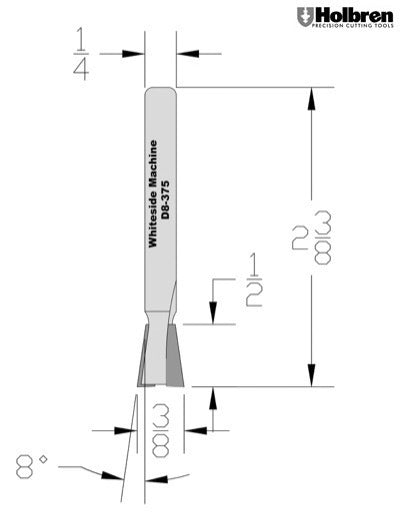 Whiteside D8-375 Dovetail Router Bit 8 Degree 3/8" Large Diameter 1/2" Cut Depth 1/4" Shank 2 Flute