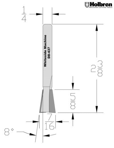 Whiteside D8-437 Dovetail Router Bit 8 Degree 7/16" Large Diameter 5/8" Cut Depth 1/4" Shank 2 Flute