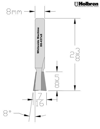 Whiteside D8-437x8 Dovetail Router Bit 8 Degree 7/16" Large Diameter 5/8" Cut Depth 8mm Shank 2 Flute