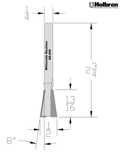 Whiteside D8-500 Dovetail Router Bit 8 Degree 1/2" Large Diameter 13/16" Cut Depth 1/4" Shank 2 Flute