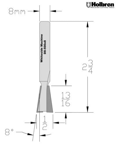 Whiteside D8-500x8 Dovetail Router Bit 8 Degree 1/2" Large Diameter 13/16" Cut Depth 8mm Shank 2 Flute