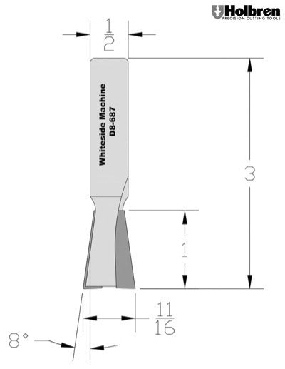 Whiteside D8-687 Dovetail Router Bit 8 Degree 11/16" Large Diameter 1" Cut Depth 1/2" Shank 2 Flute