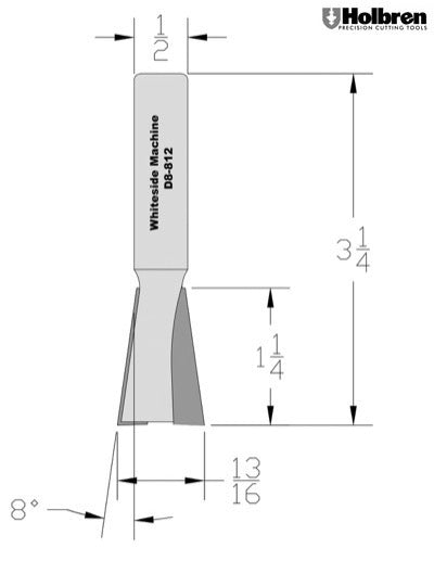 Whiteside D8-812 Dovetail Router Bit 8 Degree 13/16" Large Diameter 1-1/4" Cut Depth 1/2" Shank 2 Flute