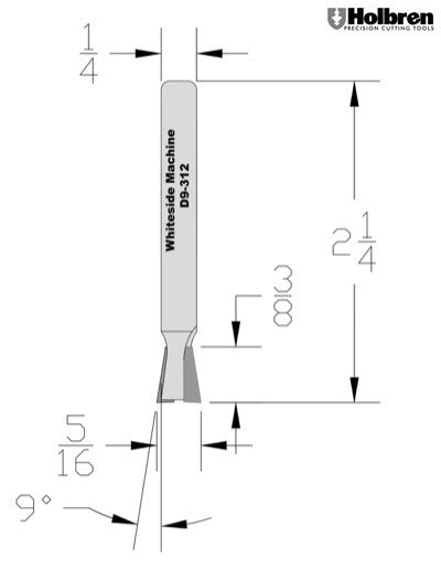 Whiteside D9-312 Dovetail Router Bit 9 Degree 5/16" Large Diameter 3/8" Cut Depth 1/4" Shank 2 Flute