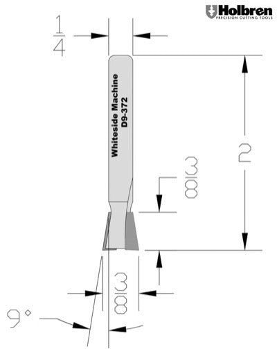 Whiteside D9-372 Dovetail Router Bit 9 Degree 3/8" Large Diameter 3/8" Cut Depth 1/4" Shank 2 Flute