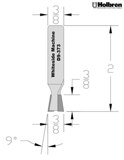 Whiteside D9-373 Dovetail Router Bit 9 Degree 3/8" Large Diameter 3/8" Cut Depth 3/8" Shank 2 Flute