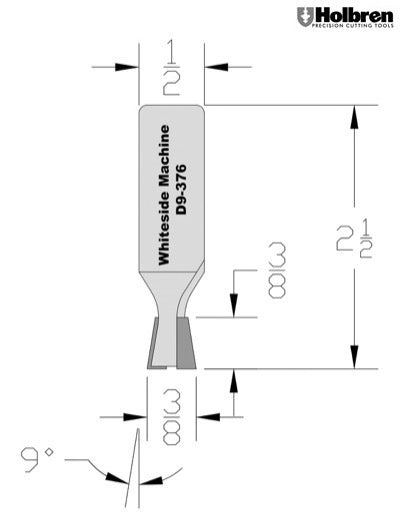 Whiteside D9-376 Dovetail Router Bit 9 Degree 3/8" Large Diameter 3/8"Cut Depth 1/2" Shank 2 Flute