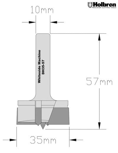 Whiteside DH35-57 RH Hinge Boring Router Bit Carbide Tipped 35mm Cutting Diameter 57mm Overall Length