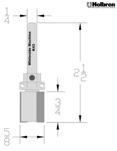 Whiteside K43 Keller Straight Router Bit 5/8" Large Diameter 3/4" Cutting Diameter 1/4" Shank 2 Flute