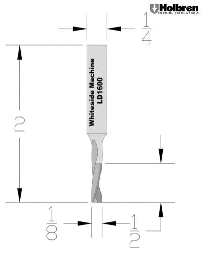 Whiteside LD1600 Left Hand Downcut Spiral Router Bit Solid Carbide 1/8" Cutting Diameter 1/2" Cut Length 1/4" Shank 2 Flute