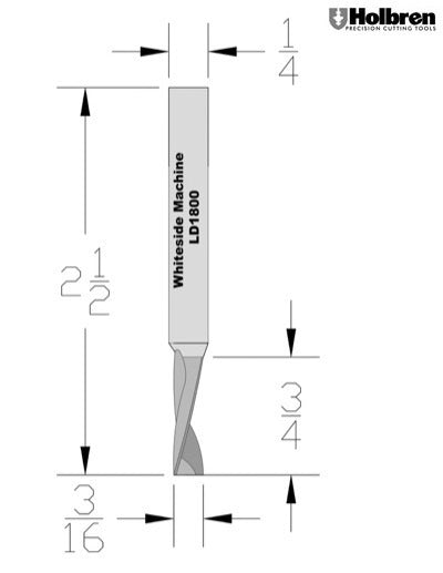 Whiteside LD1800 Left Hand Downcut Spiral Router Bit Solid Carbide 3/16" Cutting Diameter 5/8" Cut Length 1/4" Shank 2 Flute