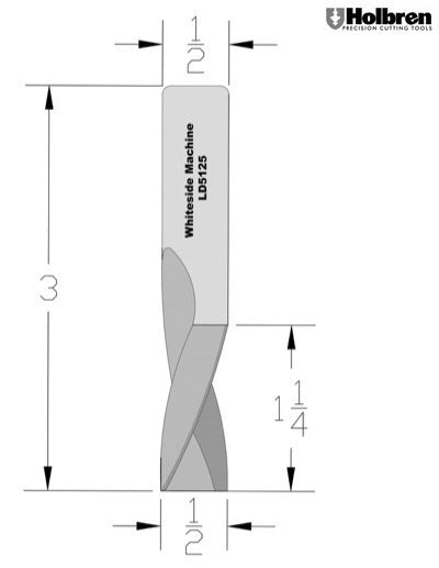 Whiteside LD5125 Left Hand Downcut Spiral Router Bit Solid Carbide 1/2" Cutting Diameter 1-1/4" Cut Length 1/2" Shank 2 Flute