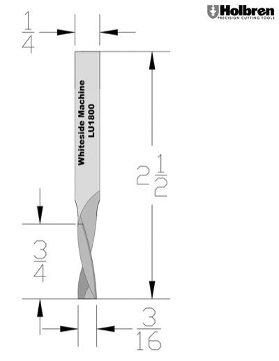 Whiteside LU1800 Left Hand Upcut Spiral Router Bit Solid Carbide 3/16" Cutting Diameter 3/4" Cut Length 1/4" Shank 2 Flute