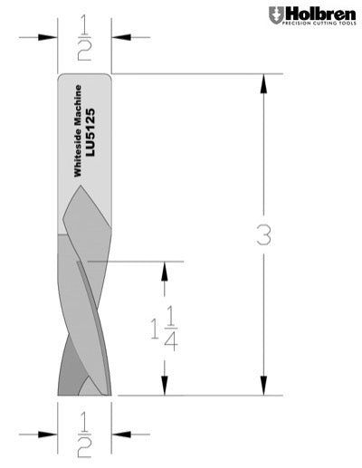 Whiteside LU5125 Left Hand Upcut Spiral Router Bit Solid Carbide 1/2" Cutting Diameter 1-1/4" Cut Length 1/2" Shank 2 Flute