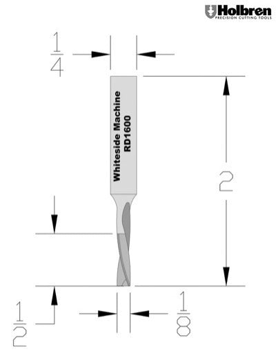 Whiteside RD1600 Standard Downcut Spiral Router Bit Solid Carbide 1/8" Cutting Diameter 1/2" Cut Length 1/4" Shank 2 Flute